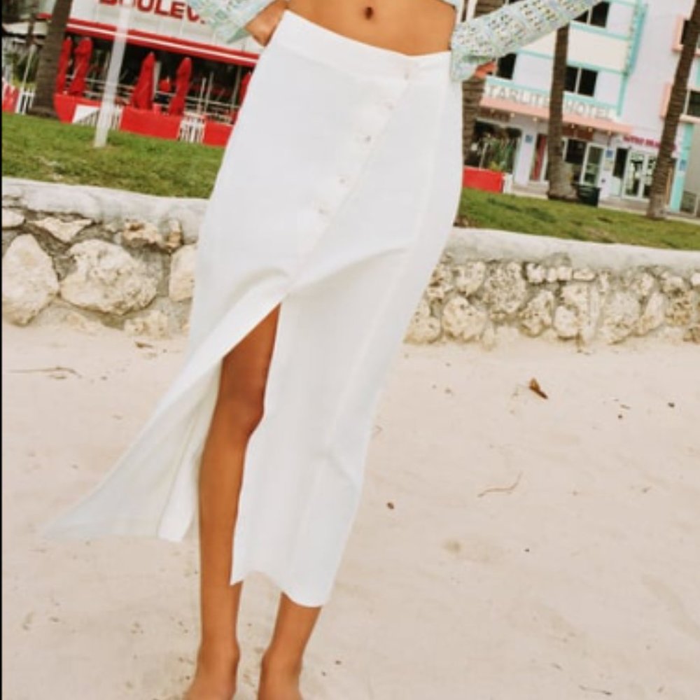NEW Zara White Ivory Linen Blend Asymmetric Button Front Slits Midi Skirt M